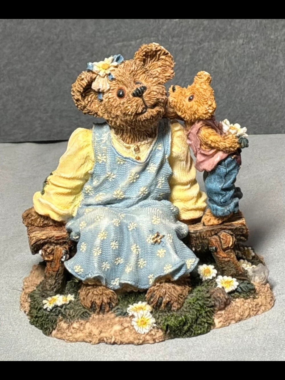 Hand-Painted Brown Bear Couple Figurine in Blue Dress